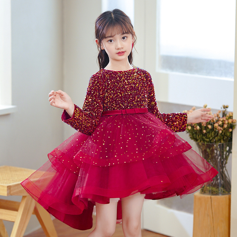 2023 Flower Girls Dresses Sheer Neck Long Sleeve Hand Made Flowers Kids Formal Wear Hi Lo sequined Girl Dress For Wedding