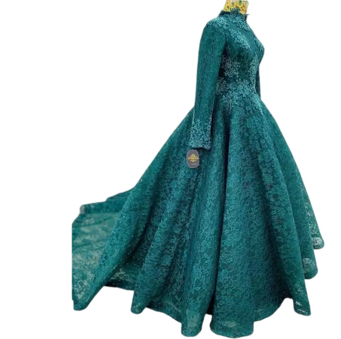 Teal Green Formal Evening Dresses Beaded Lace muslim High Collar Long Sleeve Arabic Dubai Turkey Engagement prom gown