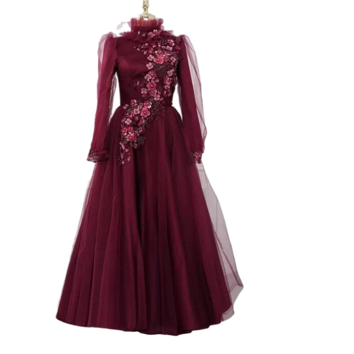Modern 3D Flower Ankle Length evening Dresses burgundy long sleeve Hijab Muslim prom Gown Robes De Soiree Moroccan Caftan