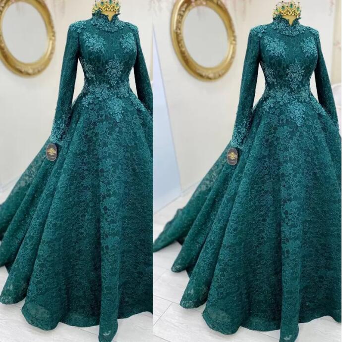 Teal Green Formal Evening Dresses Beaded Lace muslim High Collar Long Sleeve Arabic Dubai Turkey Engagement prom gown
