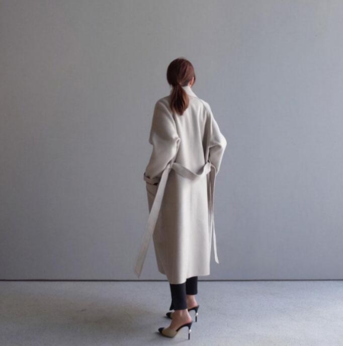 Winter CoatWomen Wide Lapel Belt Pocket Wool Blend Coat Oversize Long Trench Outwear Wool Women