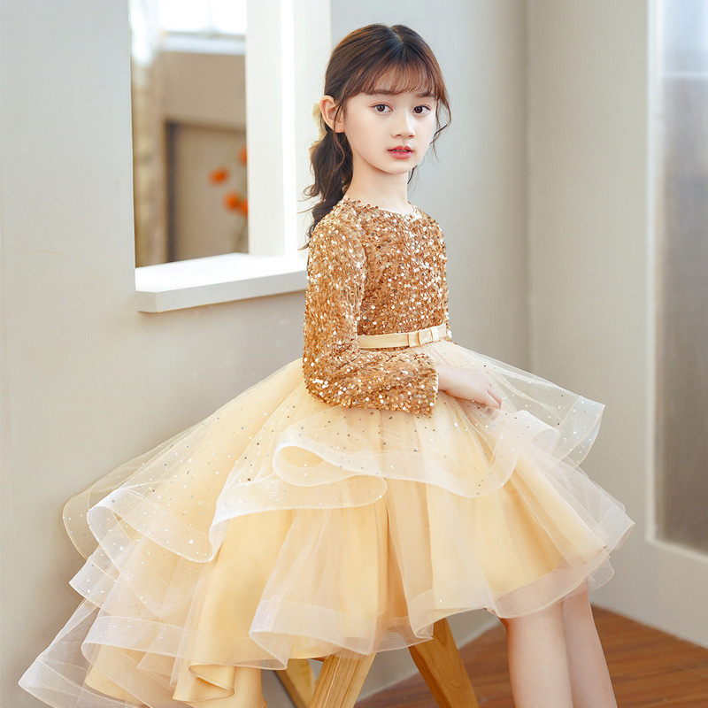 2023 Flower Girls Dresses Sheer Neck Long Sleeve Hand Made Flowers Kids Formal Wear Hi Lo sequined Girl Dress For Wedding