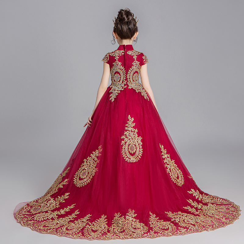 2023 red Flower Girl Dresses Jewel Neck Ball Gown gold Lace Appliques Beads sweep train Kids Girls Pageant Dress Sweep Train Birthday Gowns