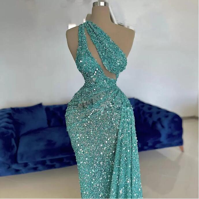 Jade blue Beading Prom Dresses One Shoulder Mermaid Cocktail Party Gown Sequins Keyhole Style Abendkleider Evening Dress