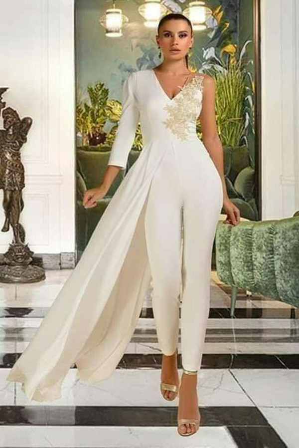 Modern Beach Jumpsuit a-line Wedding Dresses with Overskirt One Shoulder Long Sleee Lace Stain Garden Bridal Dress Pant Suit