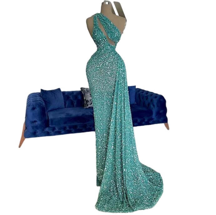 Jade blue Beading Prom Dresses One Shoulder Mermaid Cocktail Party Gown Sequins Keyhole Style Abendkleider Evening Dress