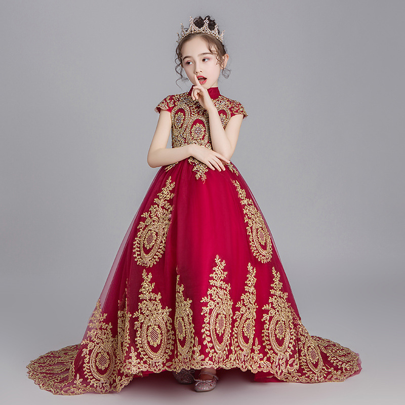 2023 red Flower Girl Dresses Jewel Neck Ball Gown gold Lace Appliques Beads sweep train Kids Girls Pageant Dress Sweep Train Birthday Gowns
