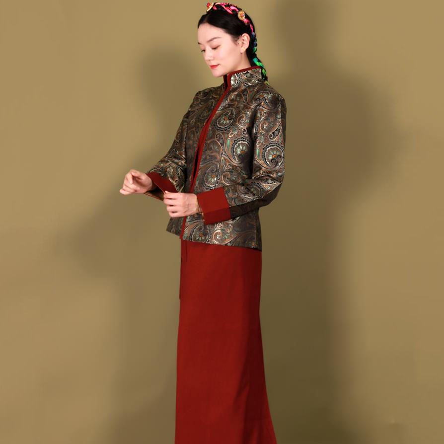Asian ethnic clothing vintage dress elegant Tibetan robe Traditional Women Oriental Vestido antique pattern costume