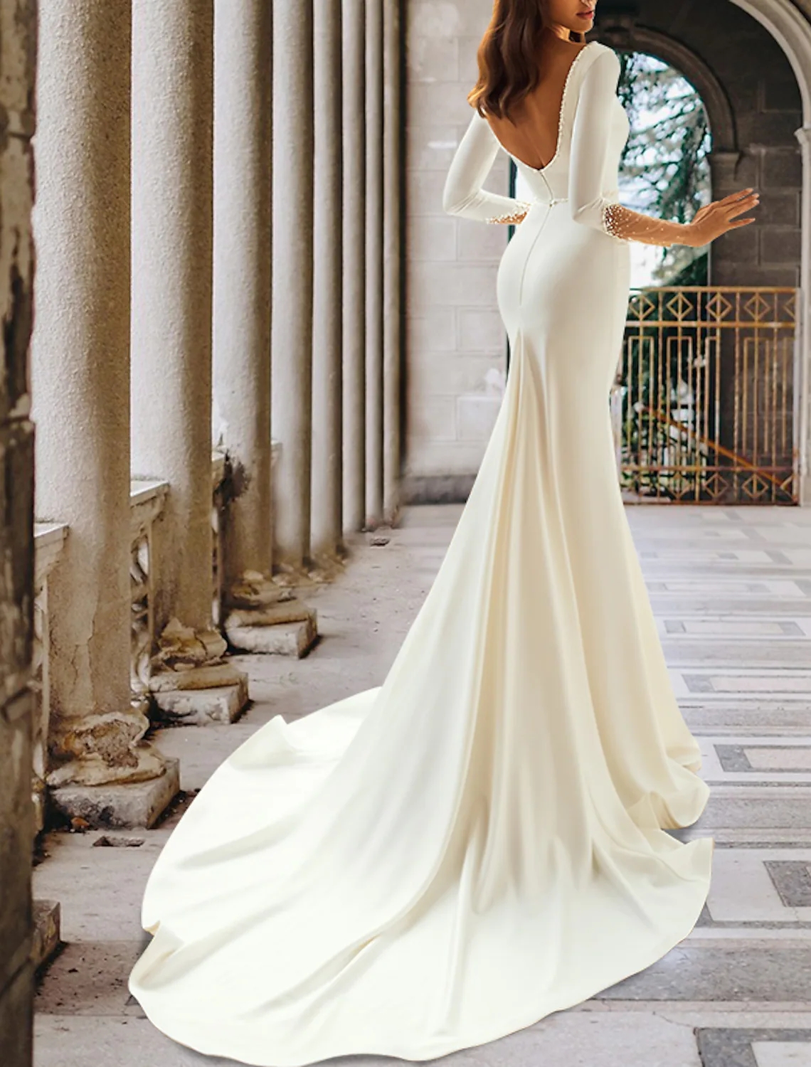 Mermaid Beads Women Wedding Dress Sexy V Neck Backless Long Sleeve Formal Bridal Gowns Custom Made Vestidos de Novia 2023