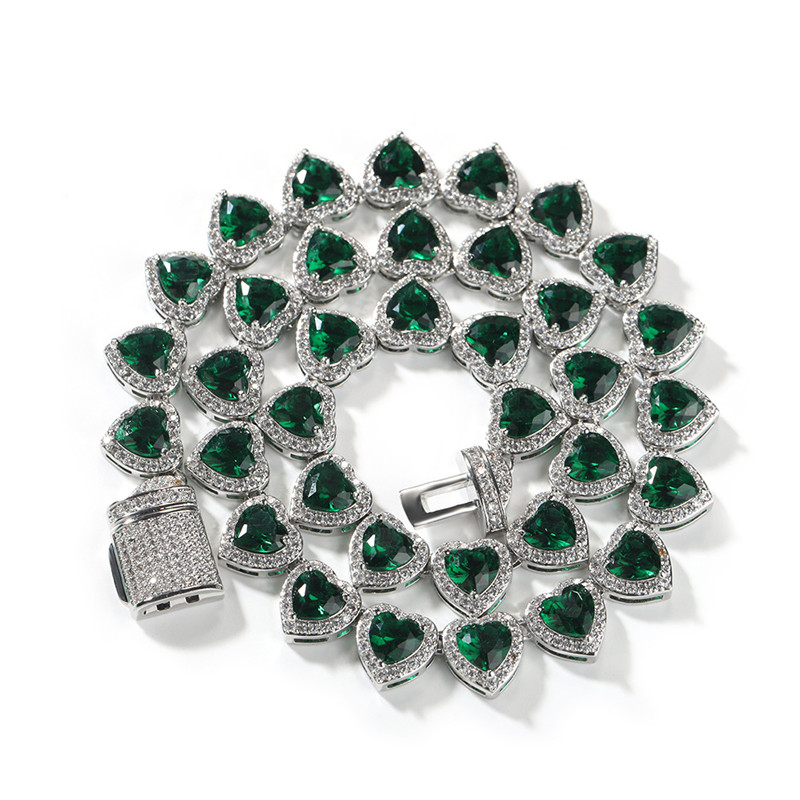 New Fashion 10mm 16inch 18K Yellow White Gold Plated CZ Heart Chain Necklace For Men Women Jewelry Nice Gift