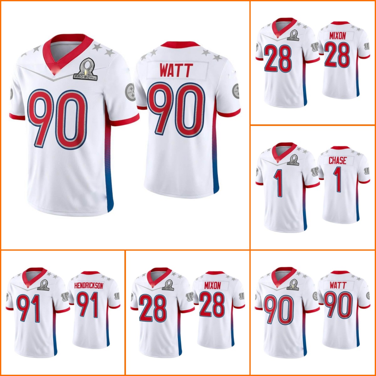 Football Jerseys Custom Cincinnati''Bengals''Steelers''Men Women Youth Trey Hendrickson T.J. Watt Ja'Marr Chase Joe Mixon AFC Pro Bowl White, 12
Football Jerseys Custom Cincinnati''Bengals''Steelers''Men Women Youth Trey Hendrickson T.J. Watt Ja'Marr Chase Joe Mixon AFC Pro Bowl White, 12