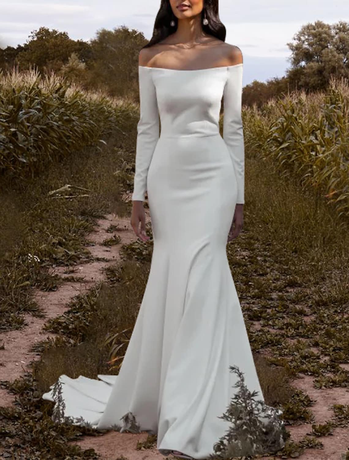 Mermaid Wedding Dress 2023 Bridal Gowns Off Shoulder Court Train Soft Satin Long Sleeve Simple Boho Beach Vestidos De Novia