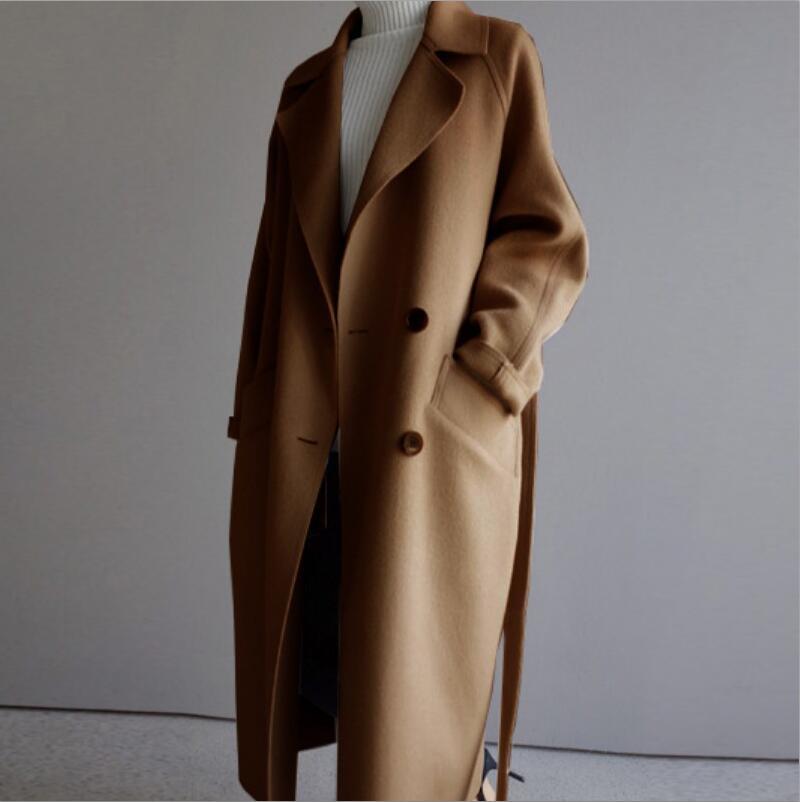 Winter CoatWomen Wide Lapel Belt Pocket Wool Blend Coat Oversize Long Trench Outwear Wool Women