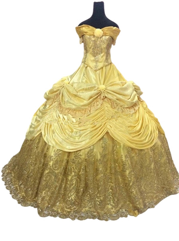 Bright gold Quinceanera Prom Dresses Lace-up corset gothic cosplay Applique Long Sweet 16 Dress Prom Party Birthday Gown
