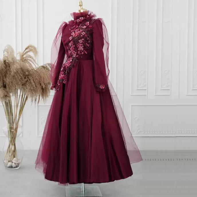 Modern 3D Flower Ankle Length evening Dresses burgundy long sleeve Hijab Muslim prom Gown Robes De Soiree Moroccan Caftan