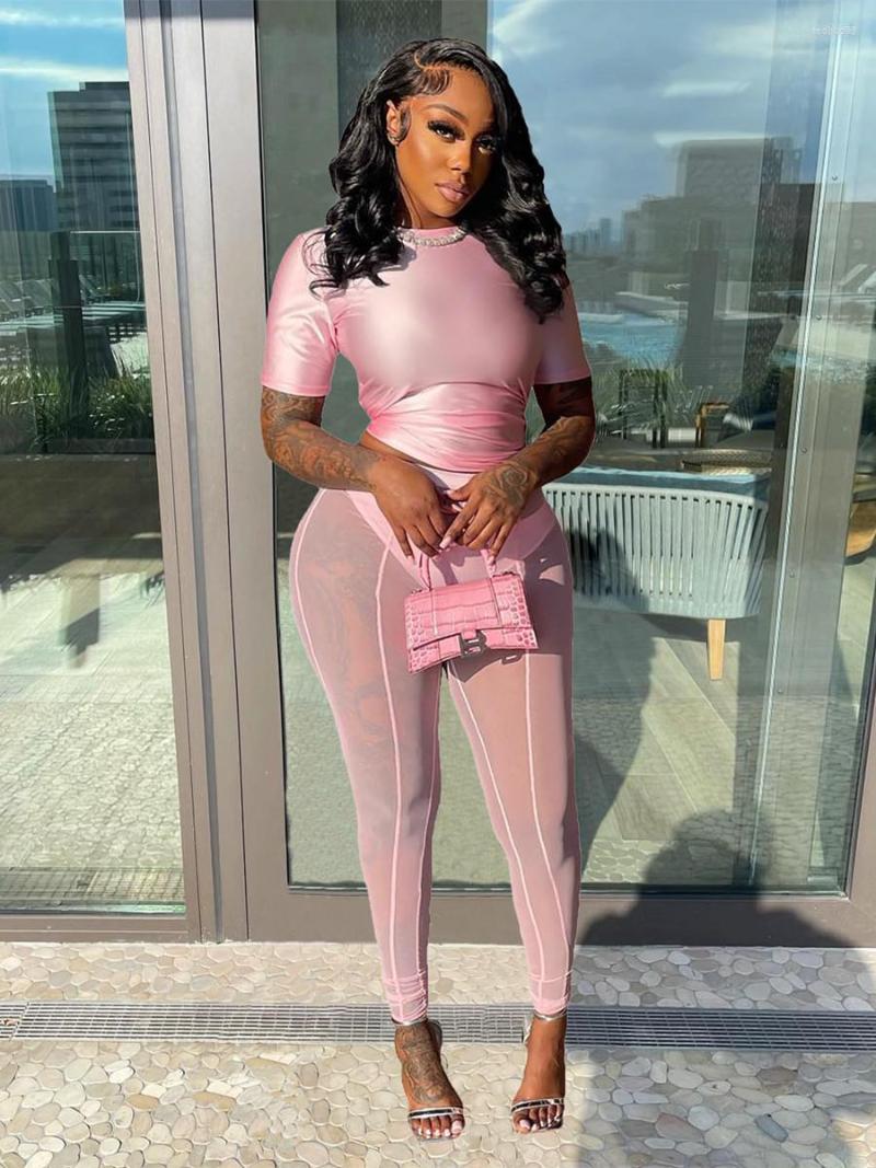 Women's Two Piece Pants Sets Women 2022 Summer Club Sexy Pant Short Sleeve Crop Tops Mesh Sheer See Through Trousers Fitness 2Pcs
