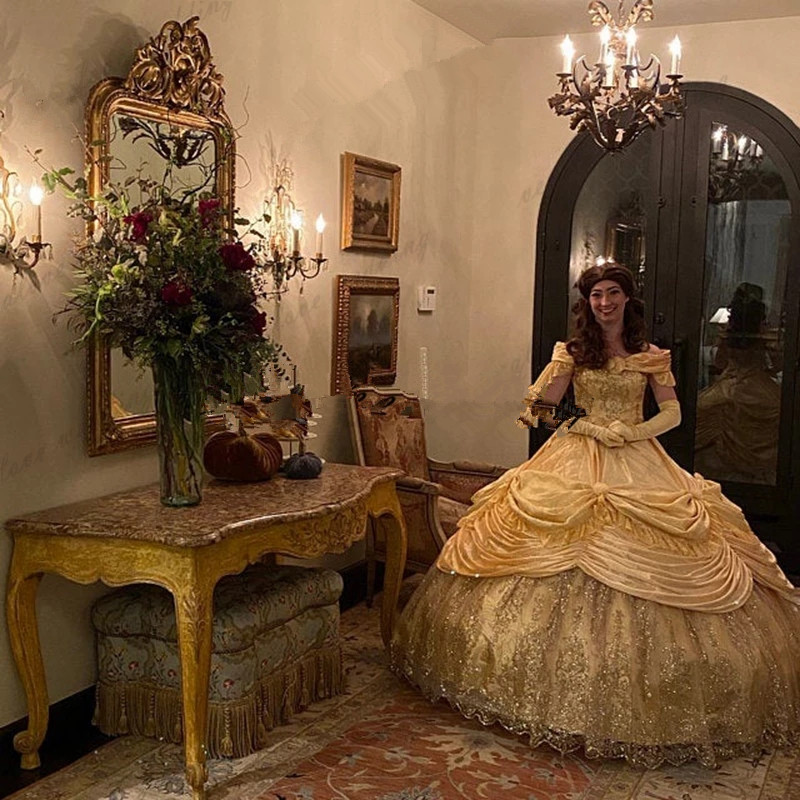 Bright gold Quinceanera Prom Dresses Lace-up corset gothic cosplay Applique Long Sweet 16 Dress Prom Party Birthday Gown