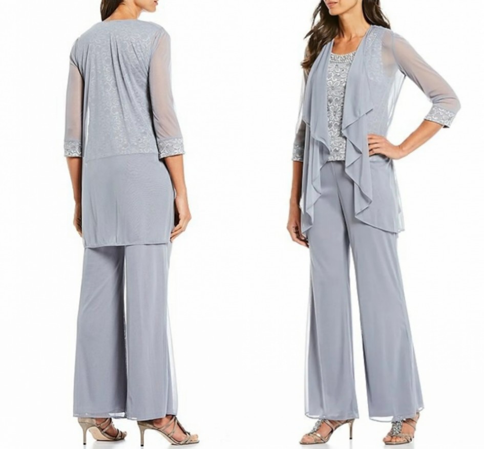 Pantsuit Mother of the Bride Dress 2023 Plus Size Elegant Jewel Ankle Length Chiffon Sleeveless Lace Beads Bridal Party Gown Robe De Soiree
