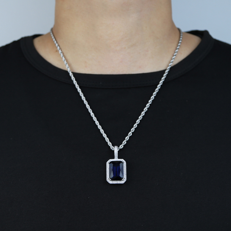 Big Colorful Cz Pendant Necklace with Rope Chain Paved 5A Blue Purple Green Pink Cubic Zircon Stone for Women Men Fashion Hip Hop Jewelry