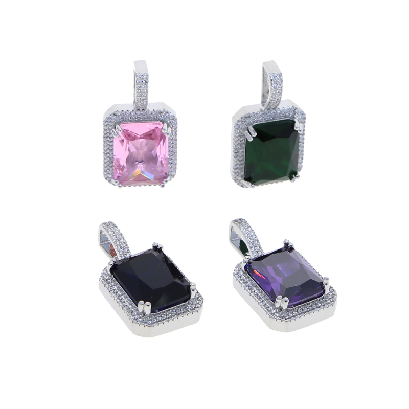 Big Colorful Cz Pendant Necklace with Rope Chain Paved 5A Blue Purple Green Pink Cubic Zircon Stone for Women Men Fashion Hip Hop Jewelry