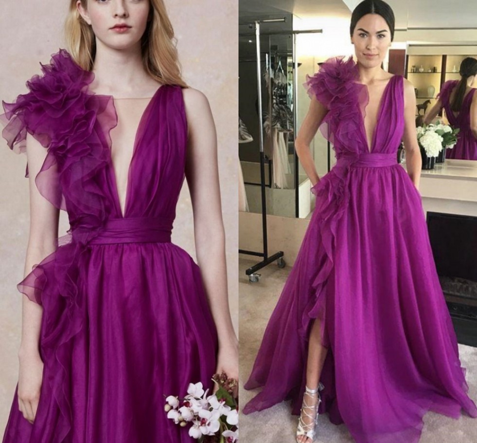 Sexy Purpel A Line Tulle Prom Dresses 2023 Deep V-neck Backless Side Split Evening Formal Gowns Ruffles Organza Robes De Soiree Vestidos
