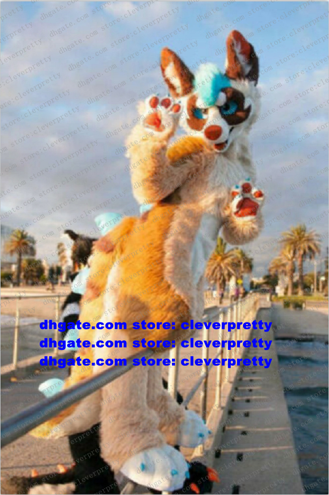 

Colorful Long Fur Furry Wolf Mascot Costume Husky Dog Fox Fursuit Adult Cartoon Character Outfit Suit Popular Campaign Upmarket Upscale zz7595, As in photos