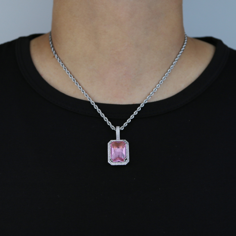 Big Colorful Cz Pendant Necklace with Rope Chain Paved 5A Blue Purple Green Pink Cubic Zircon Stone for Women Men Fashion Hip Hop Jewelry