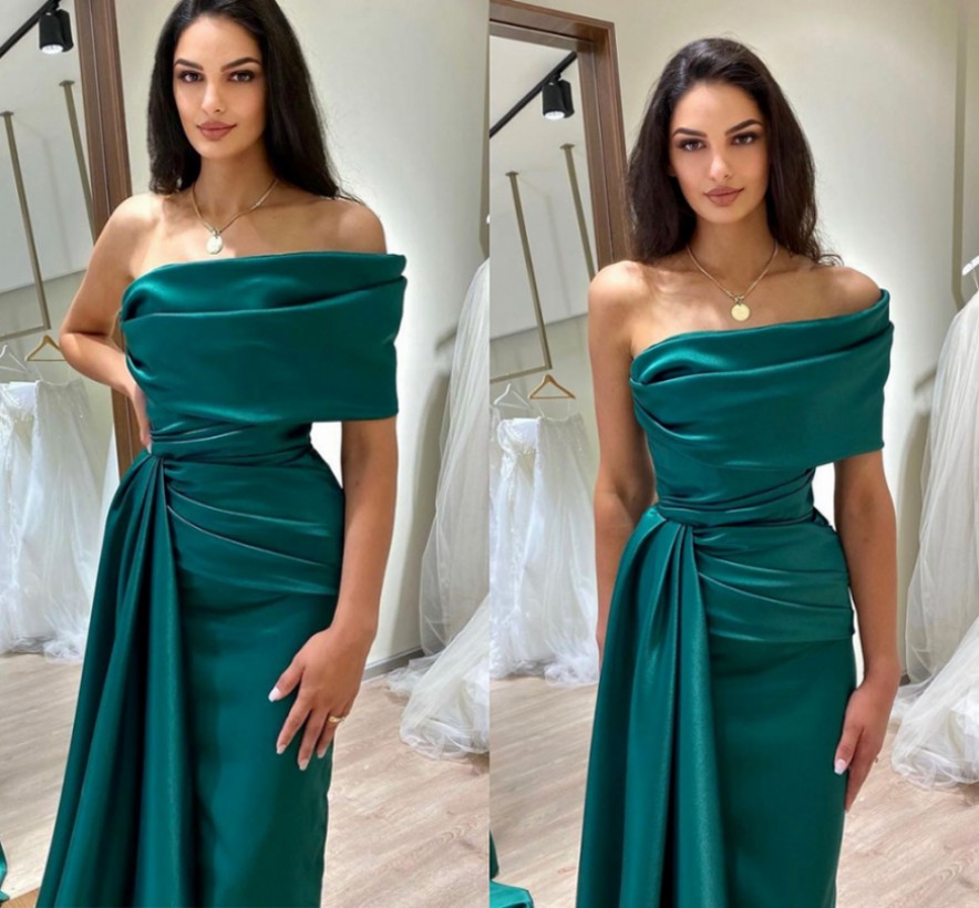 Green High Side Split Mermaid Satin Prom Dresses Pleat Draped One Shoulder Evening Gowns Ruched Formal Party Dress Robes De Soiree 2023