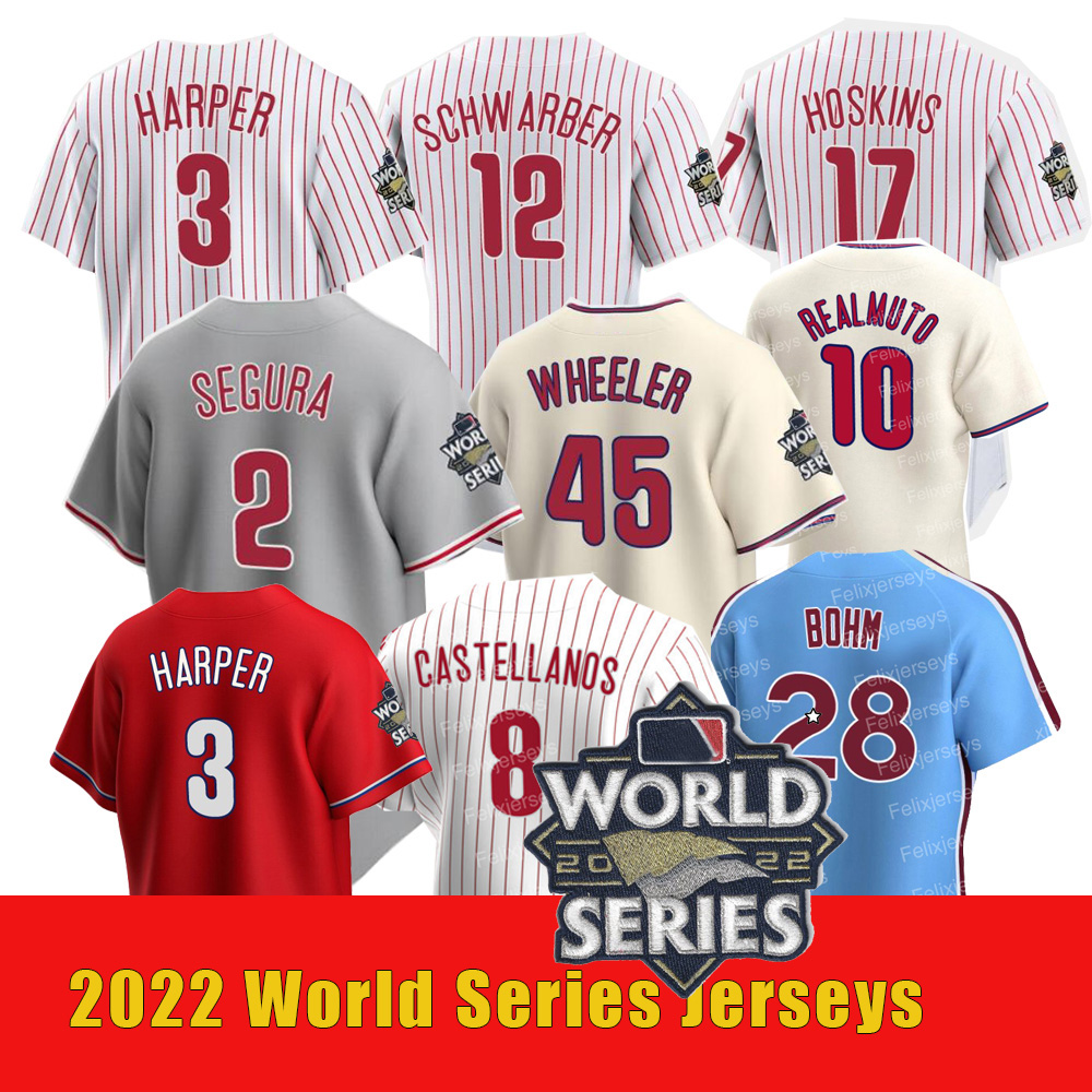 17 Rhys Hoskins 2022 World Series Jerseys Harper J.T. Realmuto Kyle Schwarber Nick Castellanos Alec Bohm Brandon Marsh Jean Segura Syndergaard, Blue with 150th patch
17 Rhys Hoskins 2022 World Series Jerseys Harper J.T. Realmuto Kyle Schwarber Nick Castellanos Alec Bohm Brandon Marsh Jean Segura Syndergaard, Blue with 150th patch