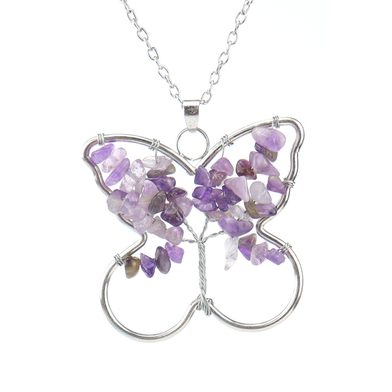 Butterfly Pendant Necklaces Women Handmade Natural Stone Life of Tree Crystal Quartz Amethyst Agate Chakra Reiki Healing Gemstone Silver Link Chains C