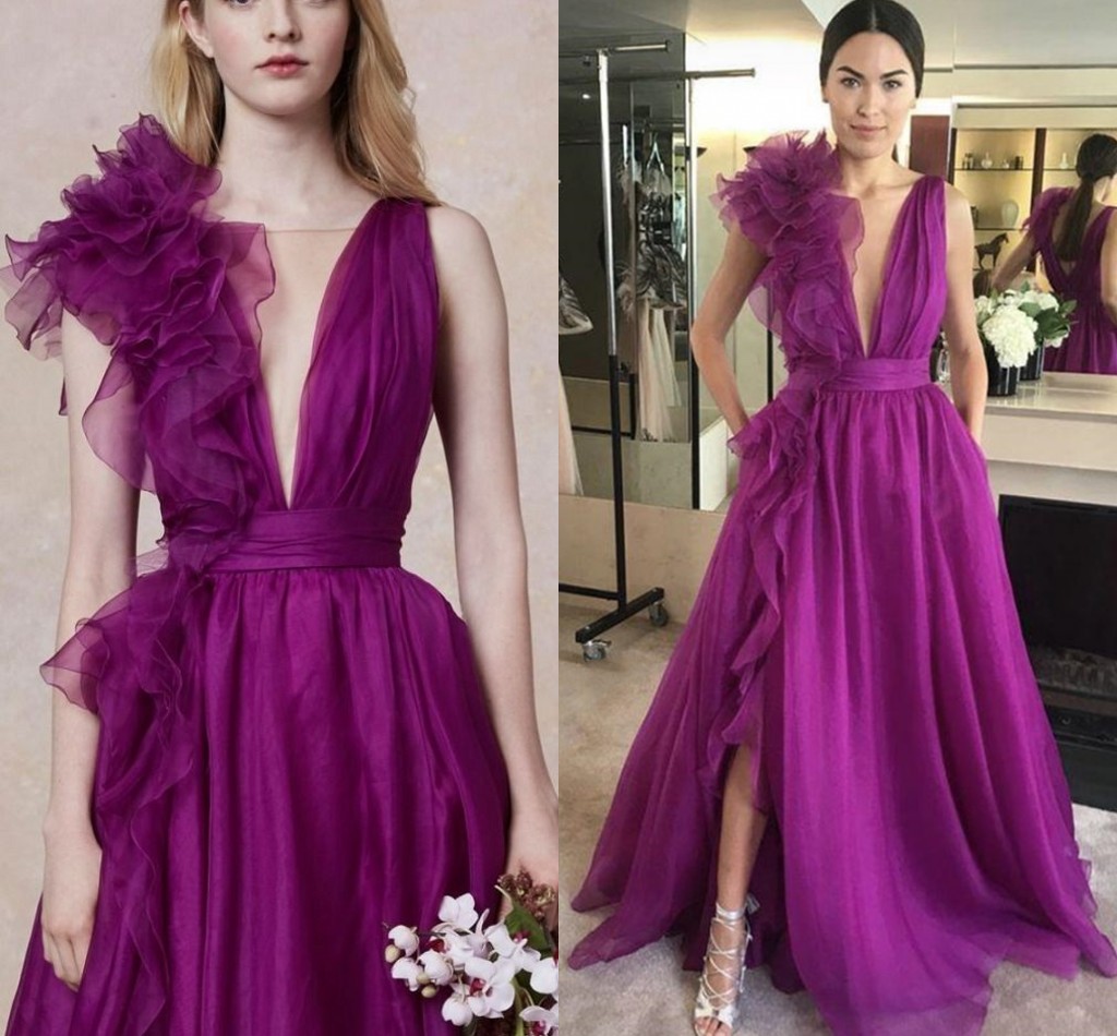 Sexy Purpel A Line Tulle Prom Dresses 2023 Deep V-neck Backless Side Split Evening Formal Gowns Ruffles Organza Robes De Soiree Vestidos