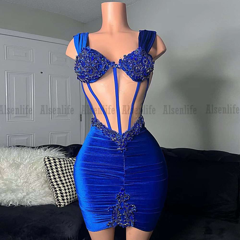 Luxury Royal Blue Short Prom Dresses 2023 Beads Illusion Cocktail Dresses Crystal Graduation Gowns Robe De Bal