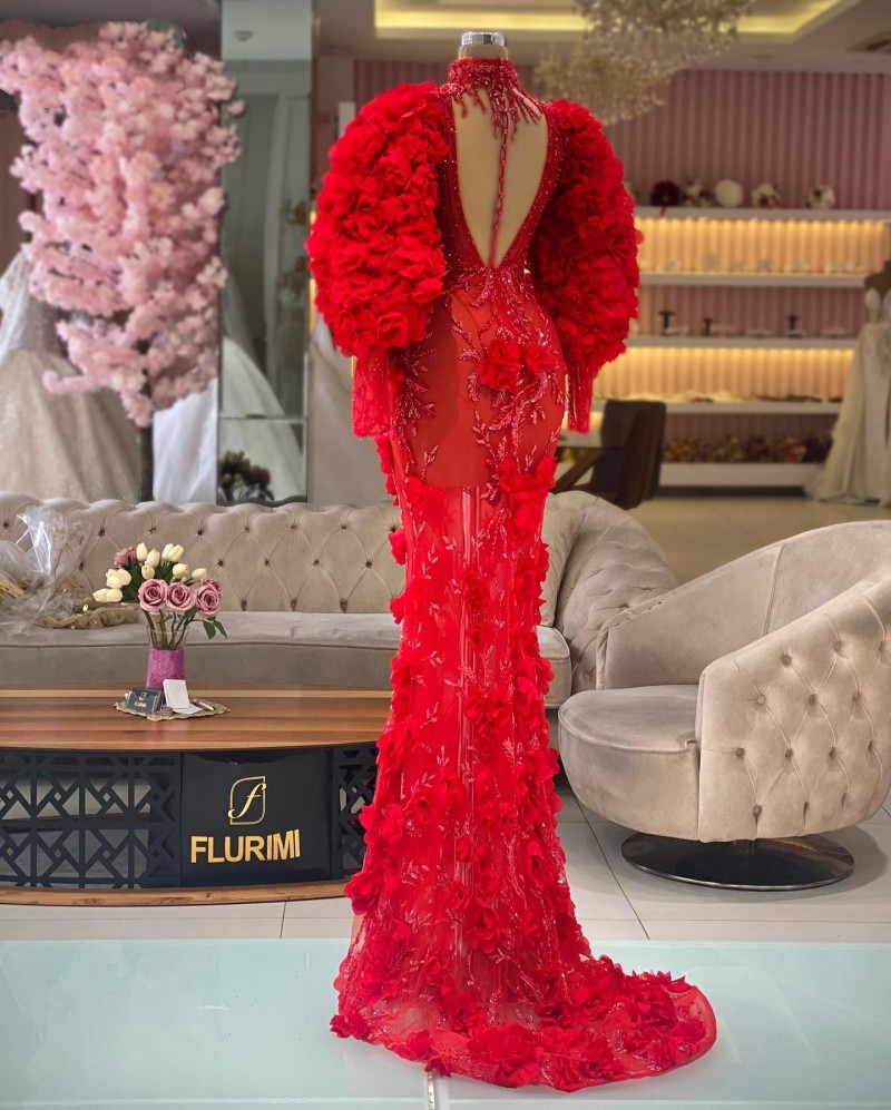 Red 3D Floral Prom Dresses For Women long sleeve Party Wear Mermaid Evening Dress 2023 High Neck robe de soiree femme