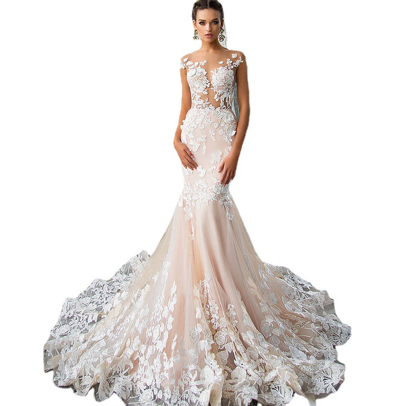 Arabic Mermaid Wedding Dresses Plus Size Dubai Sparkly Crystals Long Lace Bridal Gowns Court Train Tulle Skirt Robes De Mariee 403