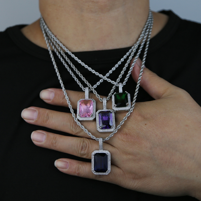 Big Colorful Cz Pendant Necklace with Rope Chain Paved 5A Blue Purple Green Pink Cubic Zircon Stone for Women Men Fashion Hip Hop Jewelry