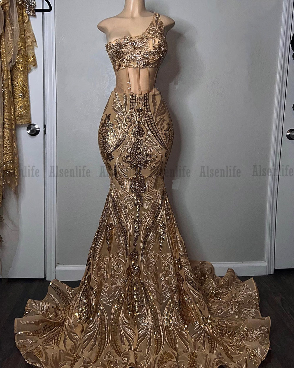 Sexy Sparkly Pink Mermaid Prom Dress 2023 Champagne One Shoulder Graduation Party Dress Formal Gowns Robe De Bal