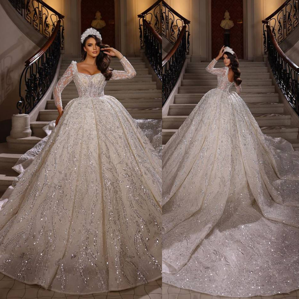 Sparkly Ball Gown Wedding Dress Sexy Scoop Neck Seuqins Long Sleeve Puffy Saudi Arabic Bridal Gowns vestidos de robe