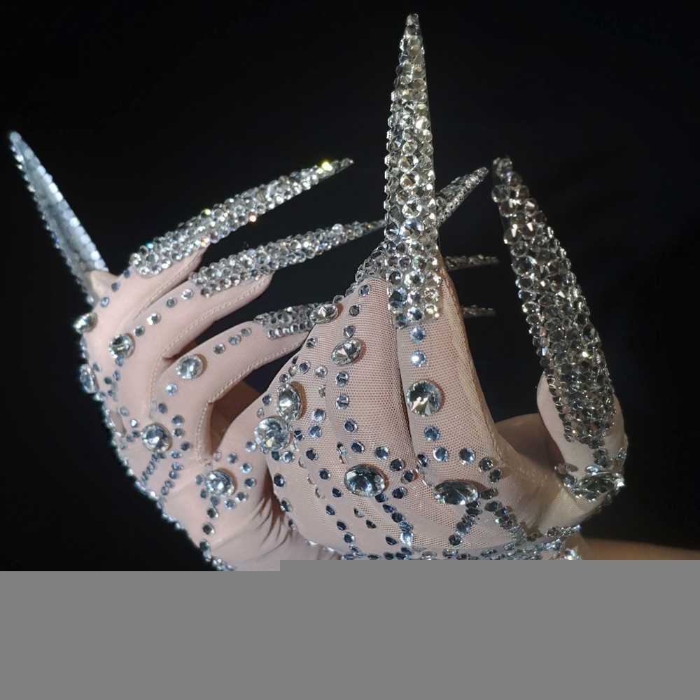 Fingerless Gloves Luxurious AB Rhinestones Pearls Plus Length Nails Gloves Women Fashion Drag Queen Outfit Nightclub Stage Performance Accessories L22