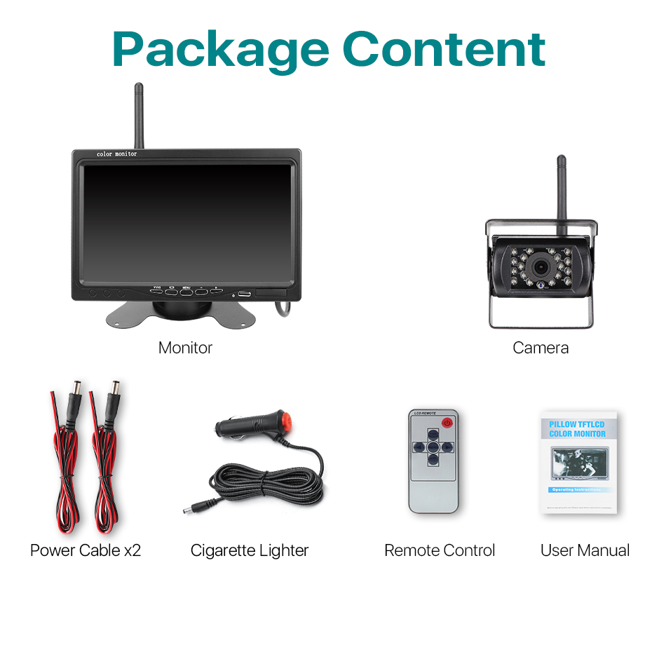 Wireless 7 inch Car Monitor Screen Rear View Camera For Truck Bus RV Trailer Excavator Rearview Image 12V-24V Display