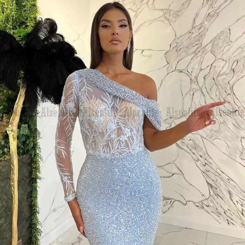 Glitter Women Formal Evening Dress 2023 One Shoulder Sequins Vestidos Prom Gowns Cocktail Wear vestidos de gala