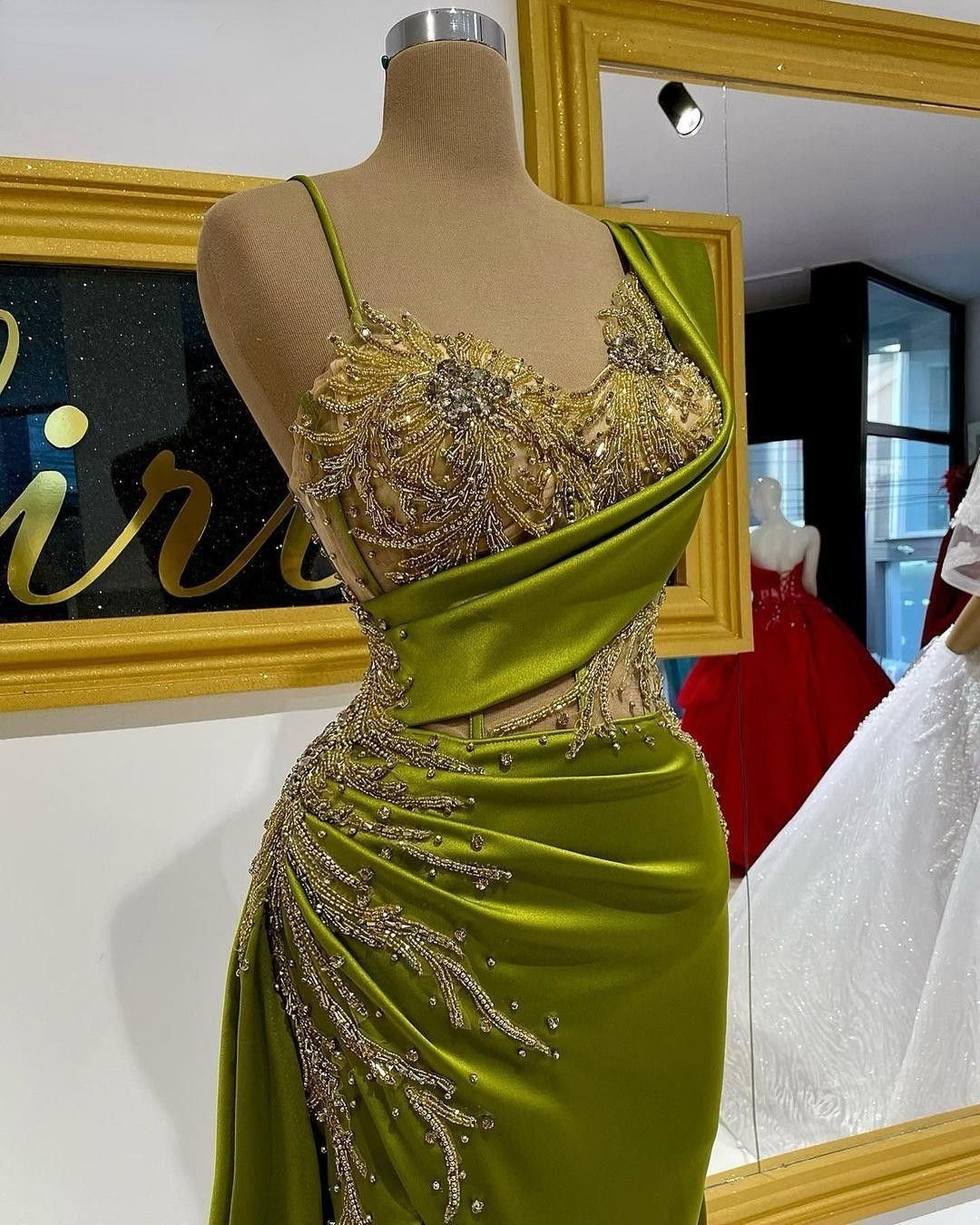 Arabic Aso Ebi Olive Green Elegant Satin Mermaid Prom Dresses Gorgeous Crystals Beading Ruched Formal Evening Gowns Ruched Sexy Split Second Reception