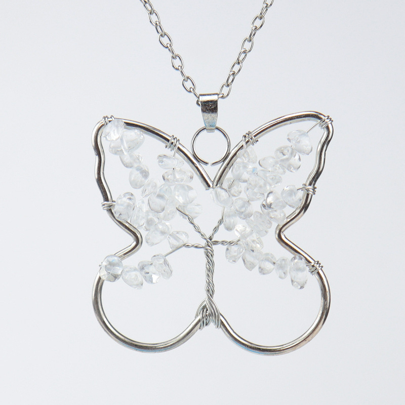 Butterfly Pendant Necklaces Women Handmade Natural Stone Life of Tree Crystal Quartz Amethyst Agate Chakra Reiki Healing Gemstone Silver Link Chains C