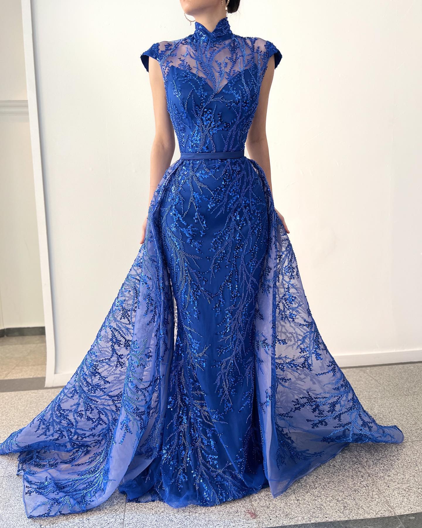 Royal Blue Mother Of The Bride Dresses Beads Sequins Evening Dress with Overskirts Sheer Neck High Formal Mother's Wear