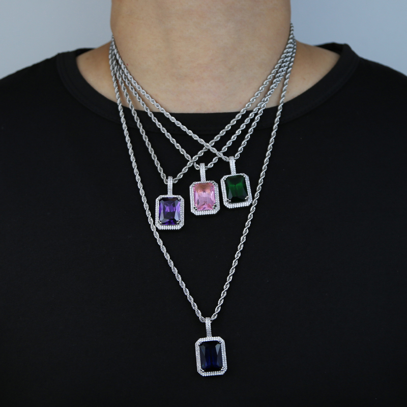 Big Colorful Cz Pendant Necklace with Rope Chain Paved 5A Blue Purple Green Pink Cubic Zircon Stone for Women Men Fashion Hip Hop Jewelry