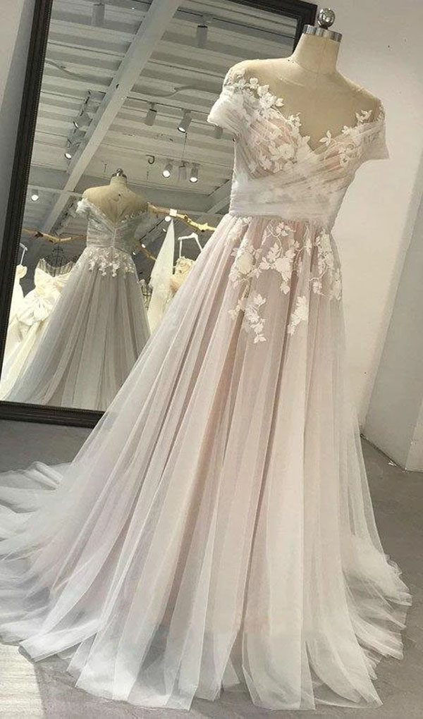 Real Image Elegant A Line Champagne Wedding Dress Appliques Sheer Bateau Neckline Short Sleeve Bridal Gowns Backless Custom Made