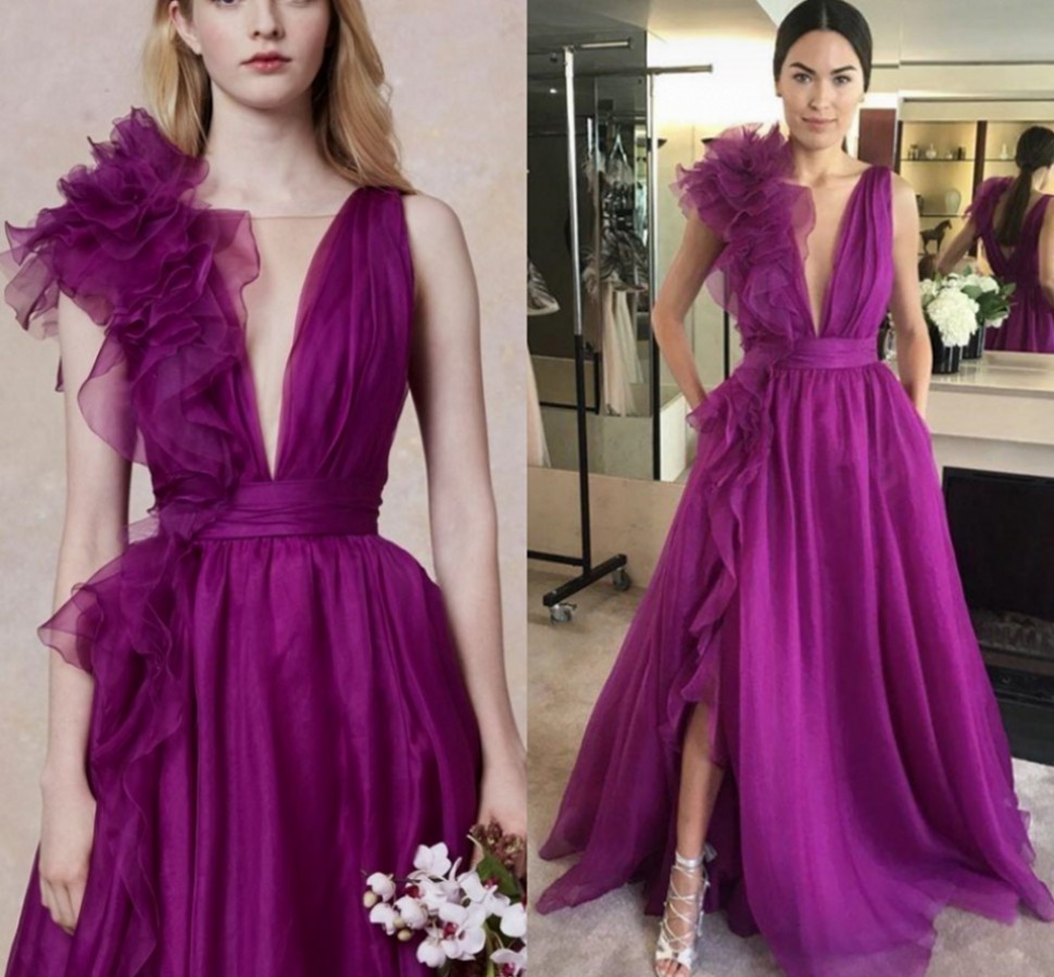 Sexy Purpel A Line Tulle Prom Dresses 2023 Deep V-neck Backless Side Split Evening Formal Gowns Ruffles Organza Robes De Soiree Vestidos