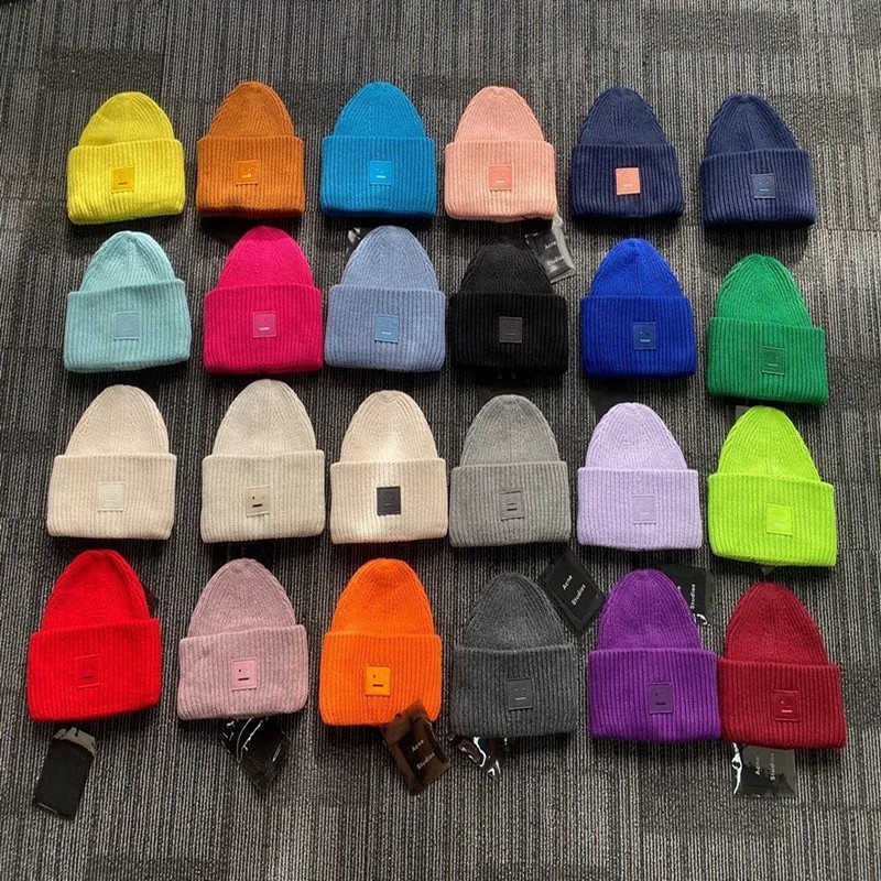 Beanie 2022 Acne Studios Men's and Women's Winter Hats Face Patch Knit Wools Smile Matching Hat Multicolor Thermal s Y2210