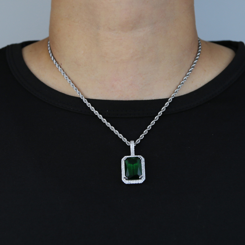 Big Colorful Cz Pendant Necklace with Rope Chain Paved 5A Blue Purple Green Pink Cubic Zircon Stone for Women Men Fashion Hip Hop Jewelry