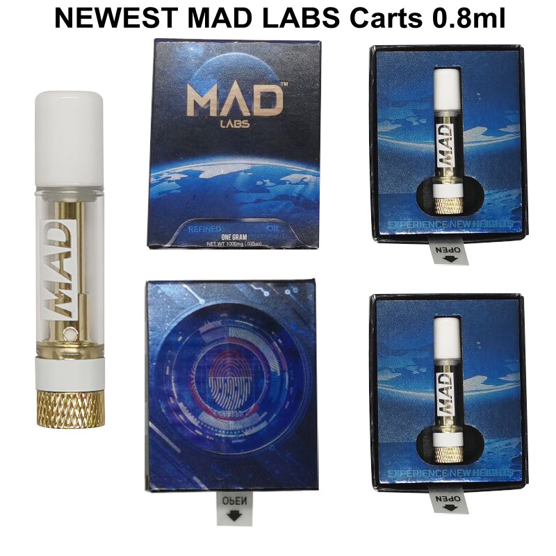 White MAD Labs Atomizers Vape Cartridges 0.8ml Ceramic Coil Glass Tank Thick Carts 510 Thread Atomizer Childproof Gift Boxes Empty Vapes Pen E Cigarettes IN STOCK