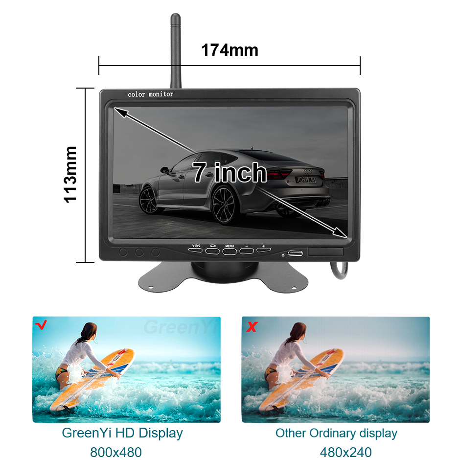 Wireless 7 inch Car Monitor Screen Rear View Camera For Truck Bus RV Trailer Excavator Rearview Image 12V-24V Display